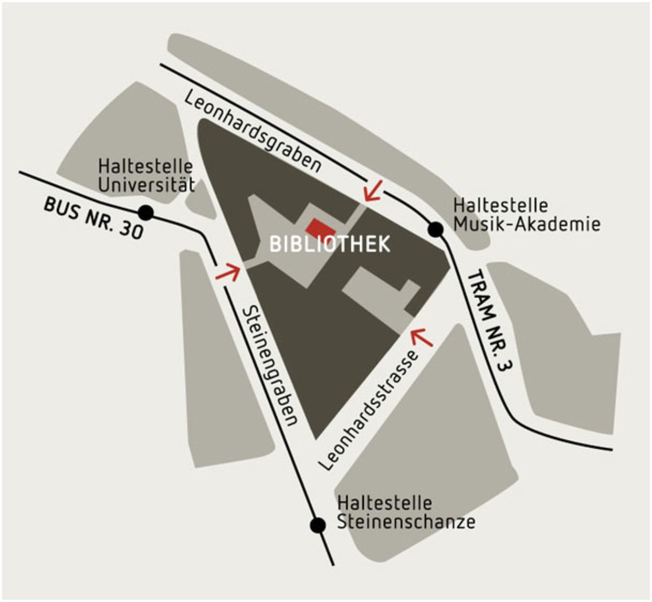 Lageplan der Bibliothek im Innenhof der Musik-Akademie