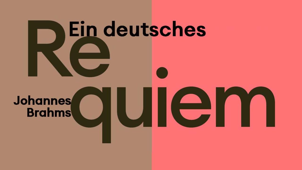 Schrift Brahms Requiem auf rot-braunem Hintergrund