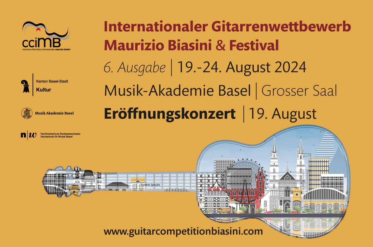 Flyer mit Gitarren-Visual zum Gitarrenwettbewerb und Festival Maurizio Biasini