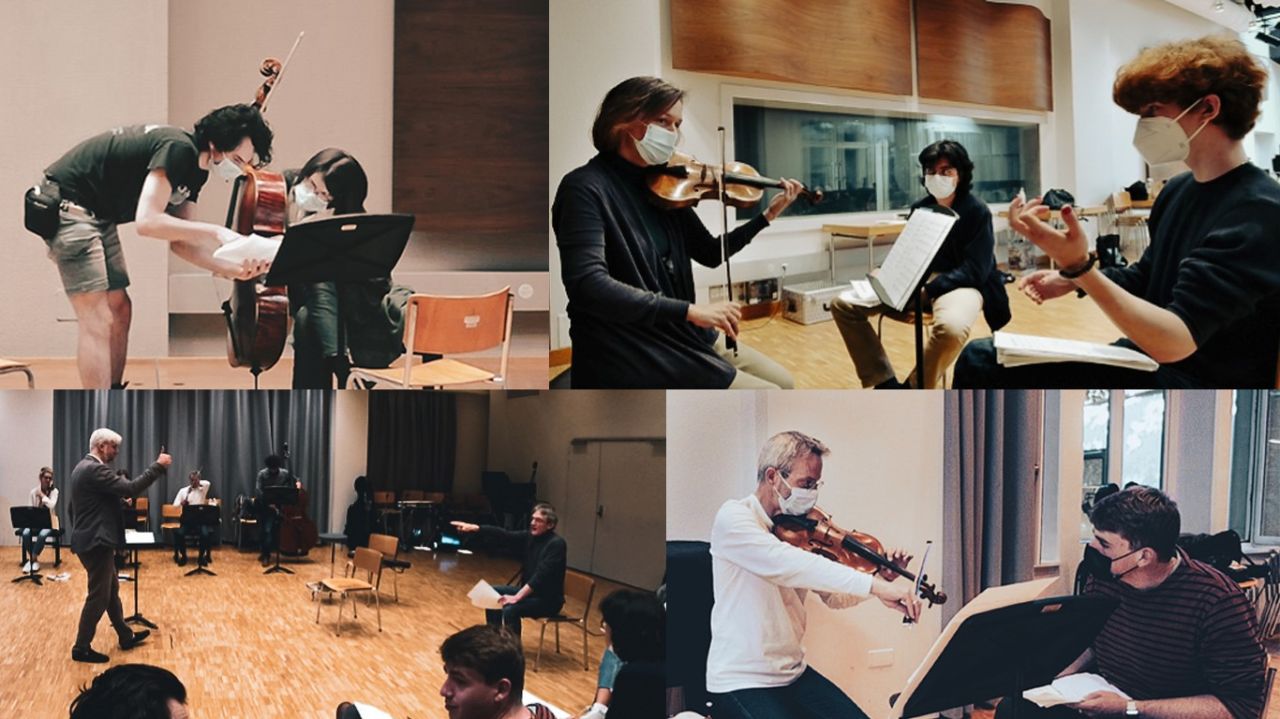 Collage mit vier Photos von Musiker:innen, jungem Komponisten und Dirigenten