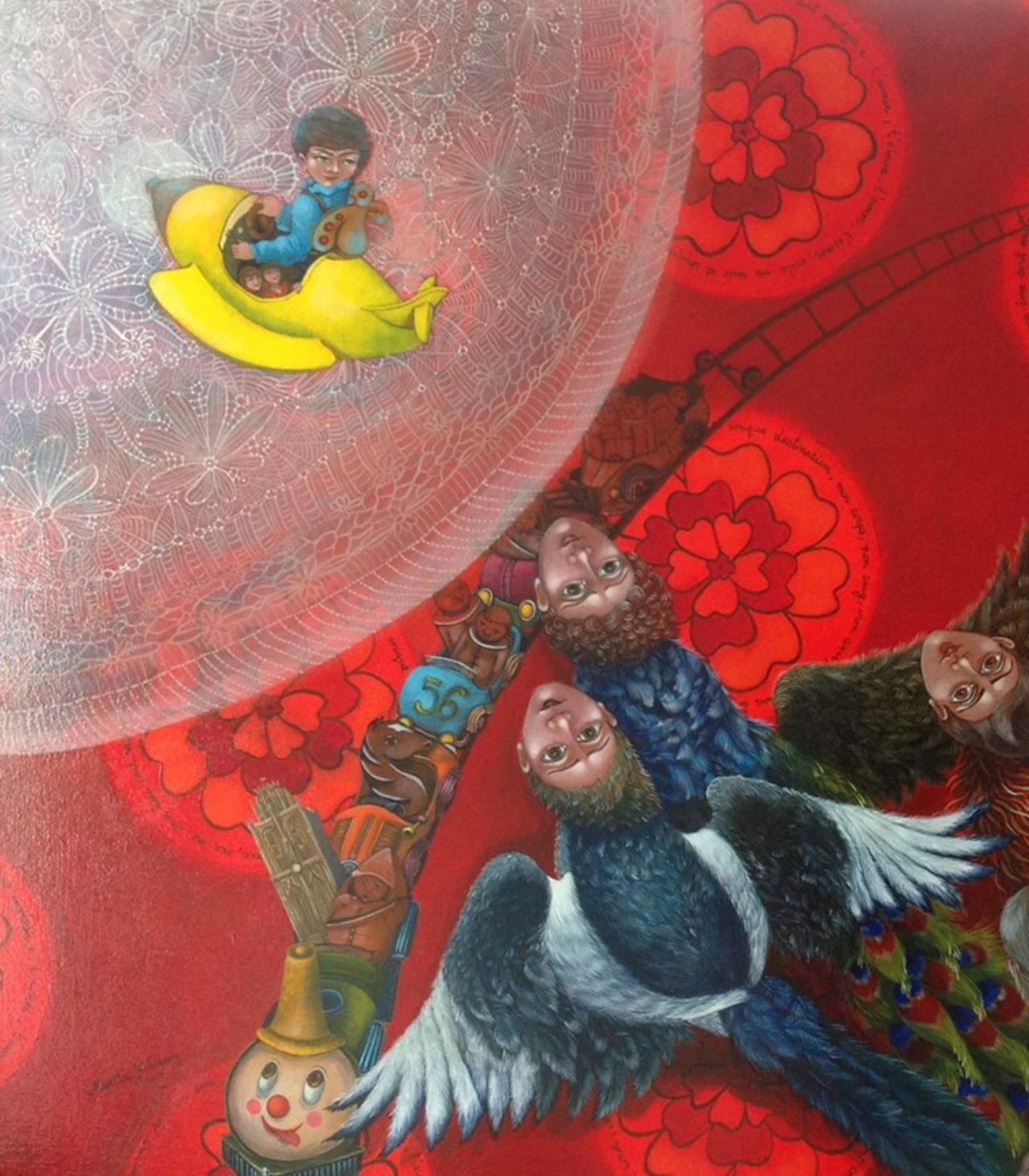 Bild der Künstlerin Martha Kolodziej. Roter Hintergrund, ein Kind fliegt auf einer gelben Rakete weg von Kinderköpfen, die auf Taubenkörpern sind. Ein Zug fährt in der Mitte durch